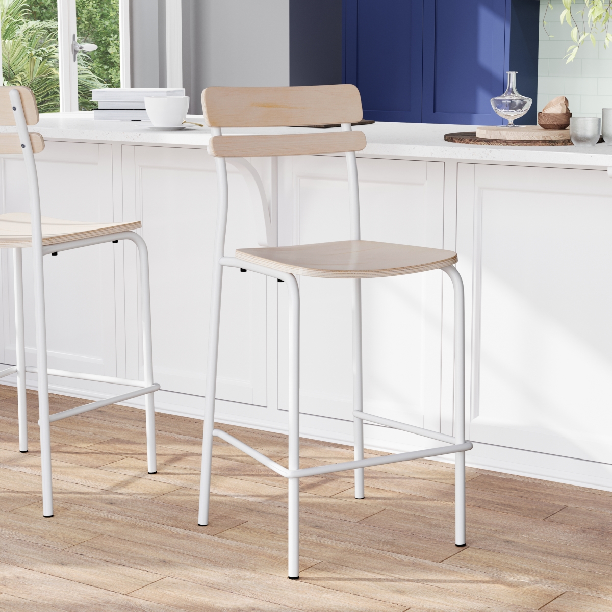 2-XU-CH10443B-ANTWHT-GG Cyprus Commercial Grade Solid Wood Bar Stools with White Metal Frames & Antique White - Pack of 2
