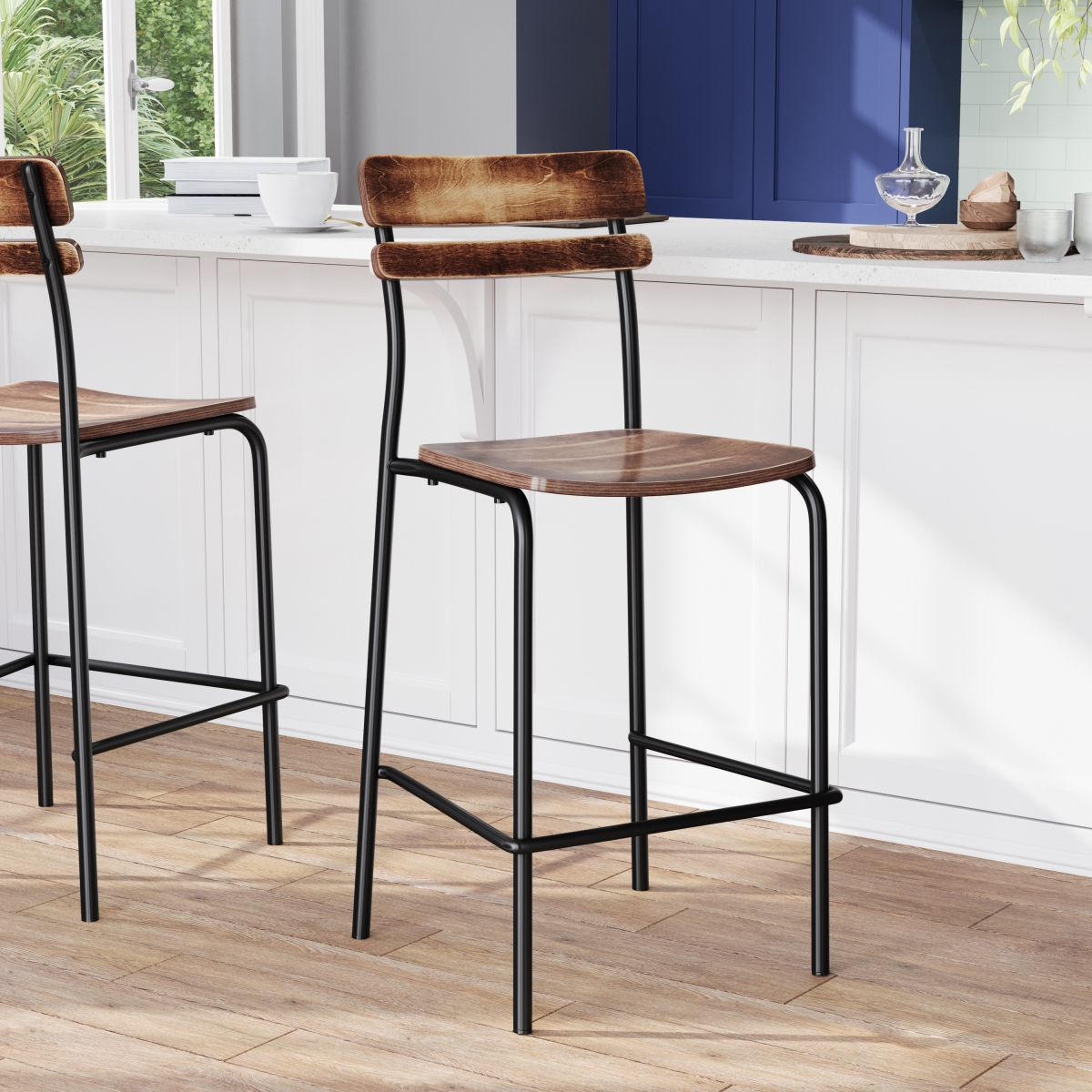 2-XU-CH10443B-ANTCPR-GG Cyprus Commercial Grade Solid Wood Bar Stools with Black Metal Frames & Antique Copper - Pack of 2