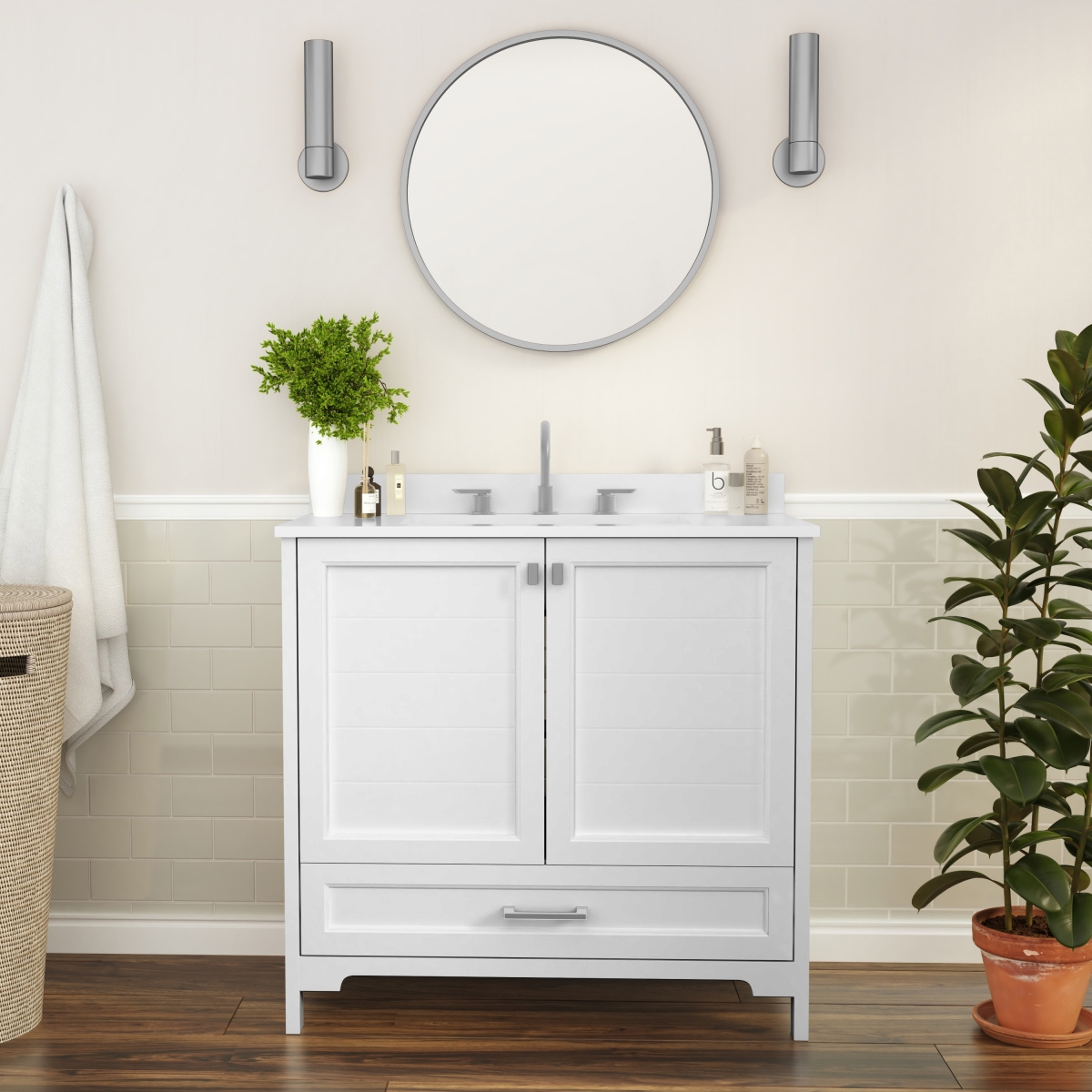 FS-BN-4-36-KD-WH-GG 36 in. Haven Bathroom Vanity with Sink Storage Cabinet & Soft Close Doors, White