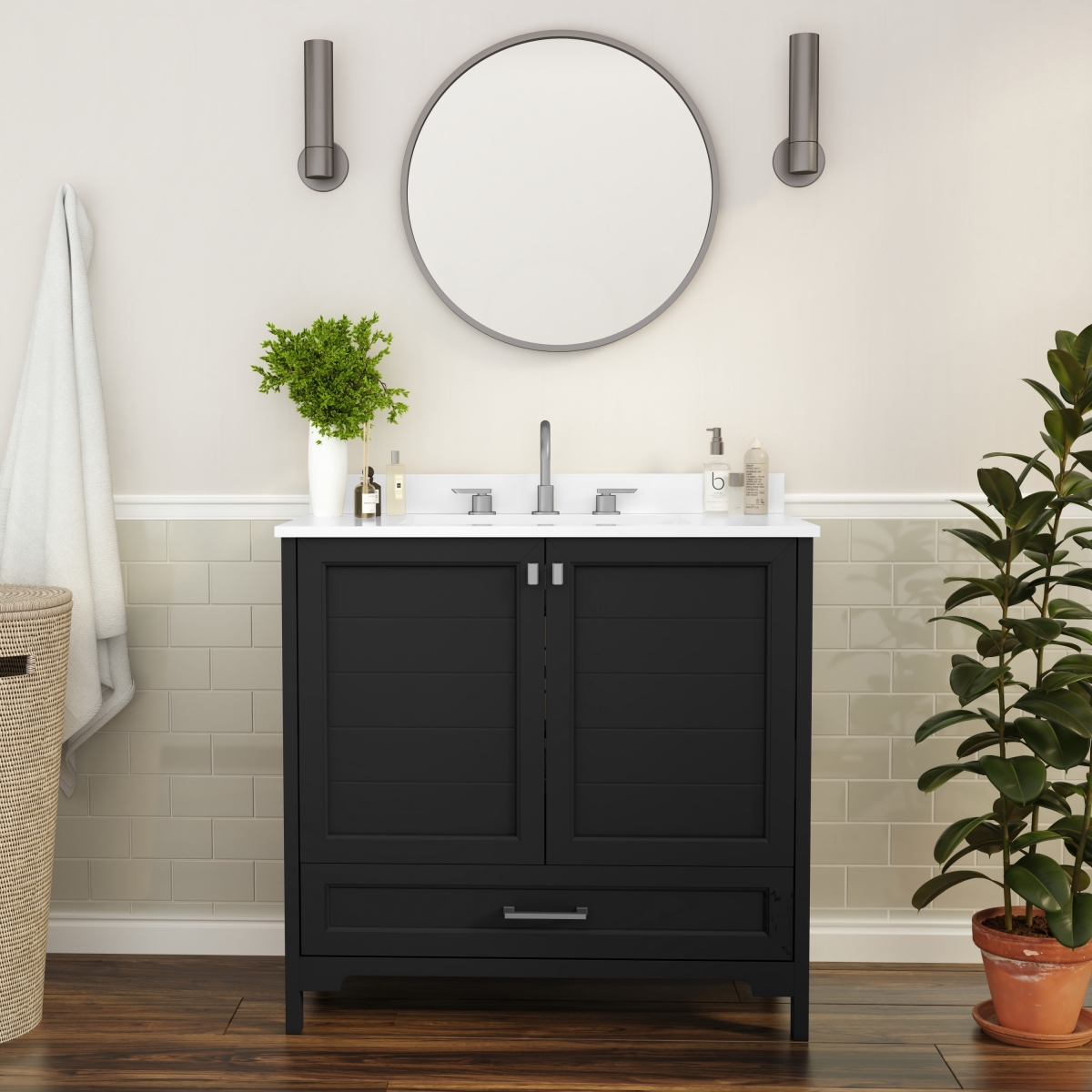 Flash Furniture - Haven 36 Inch Bathroom Vanity with Sink, Storage Cabinet with Soft Close Doors and Bottom Drawer, Carrara Marble Finish - Black
