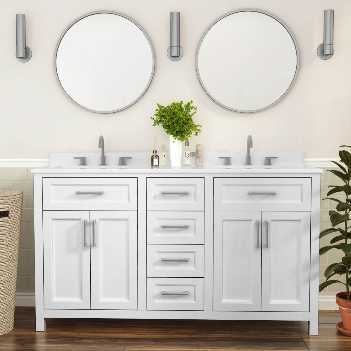 FS-BN-2-60-WH-GG 60 in. Vega Bathroom Double Vanity with 2 Sinks & 2 Storage Cabinets, White