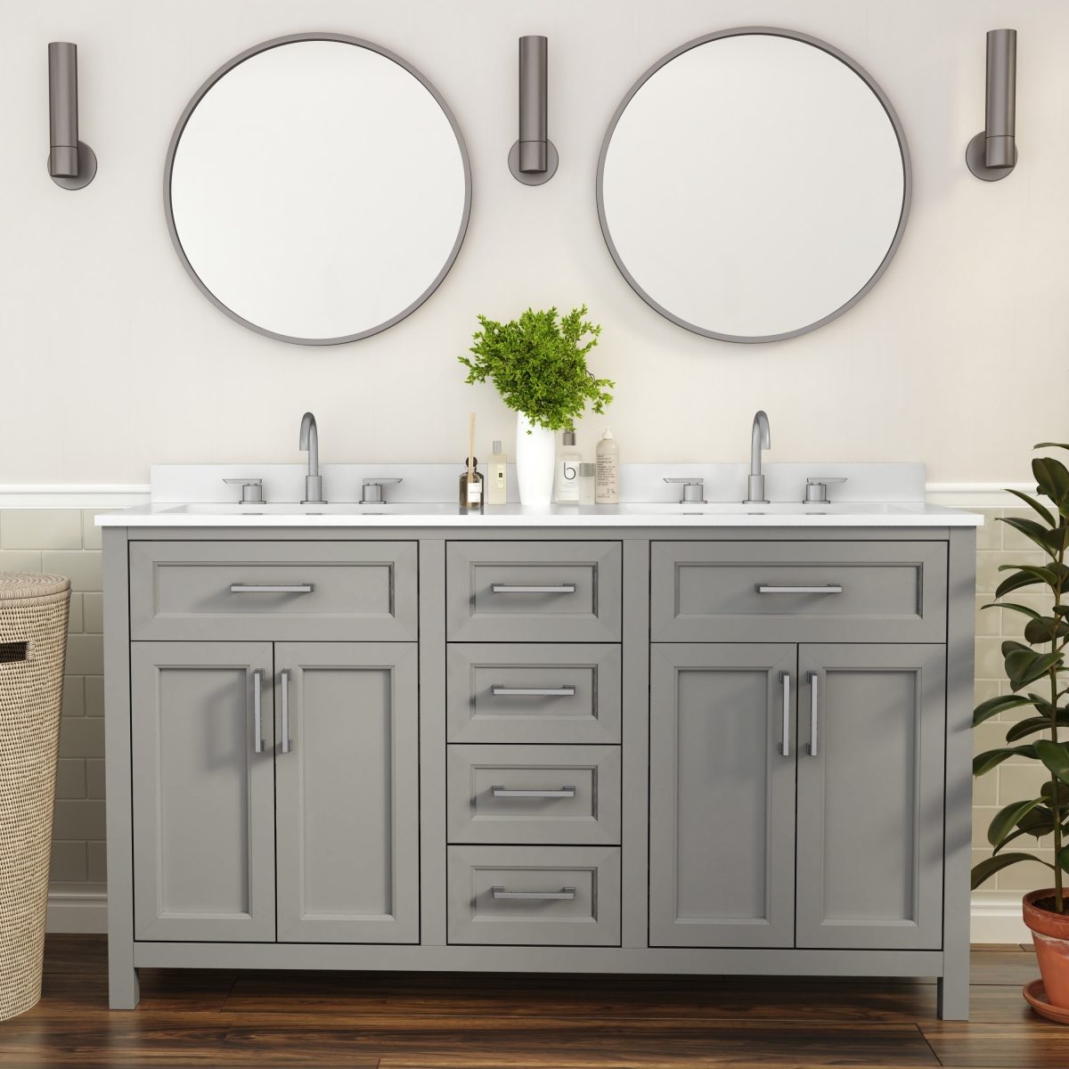 FS-BN-2-60-GY-GG 60 in. Vega Bathroom Double Vanity with 2 Sinks & 2 Storage Cabinets, Gray