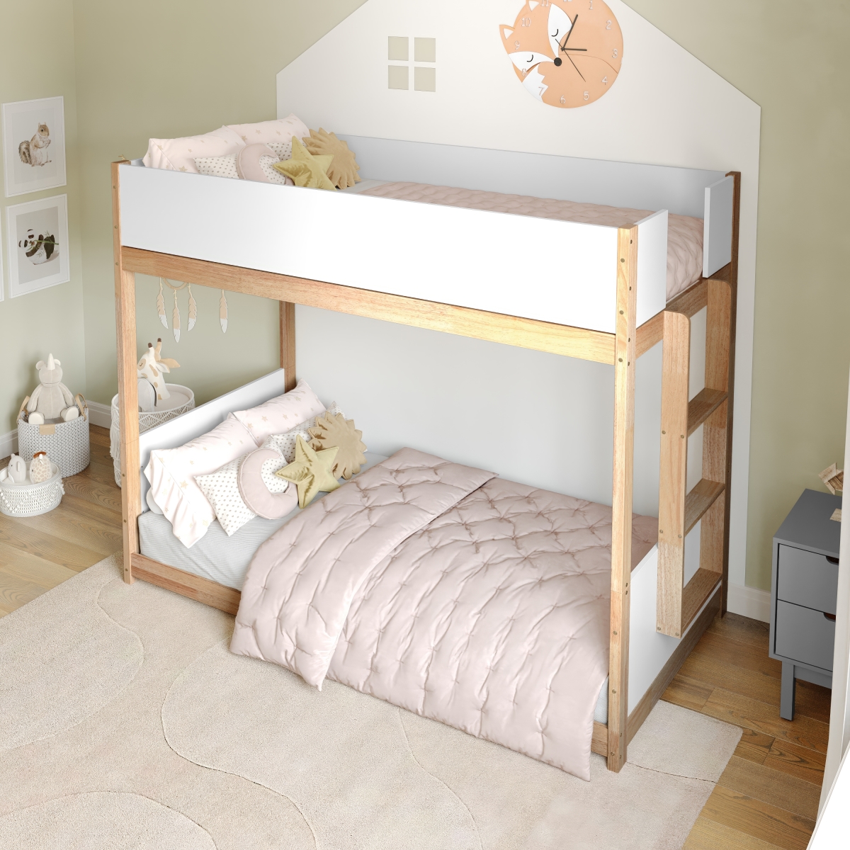 MG-0900-30-TTB-WHNAT-GG Dallas Over Twin Size Convertible Solid Wood Bunk Bed Frame with Ladder for Kids, White & Natural
