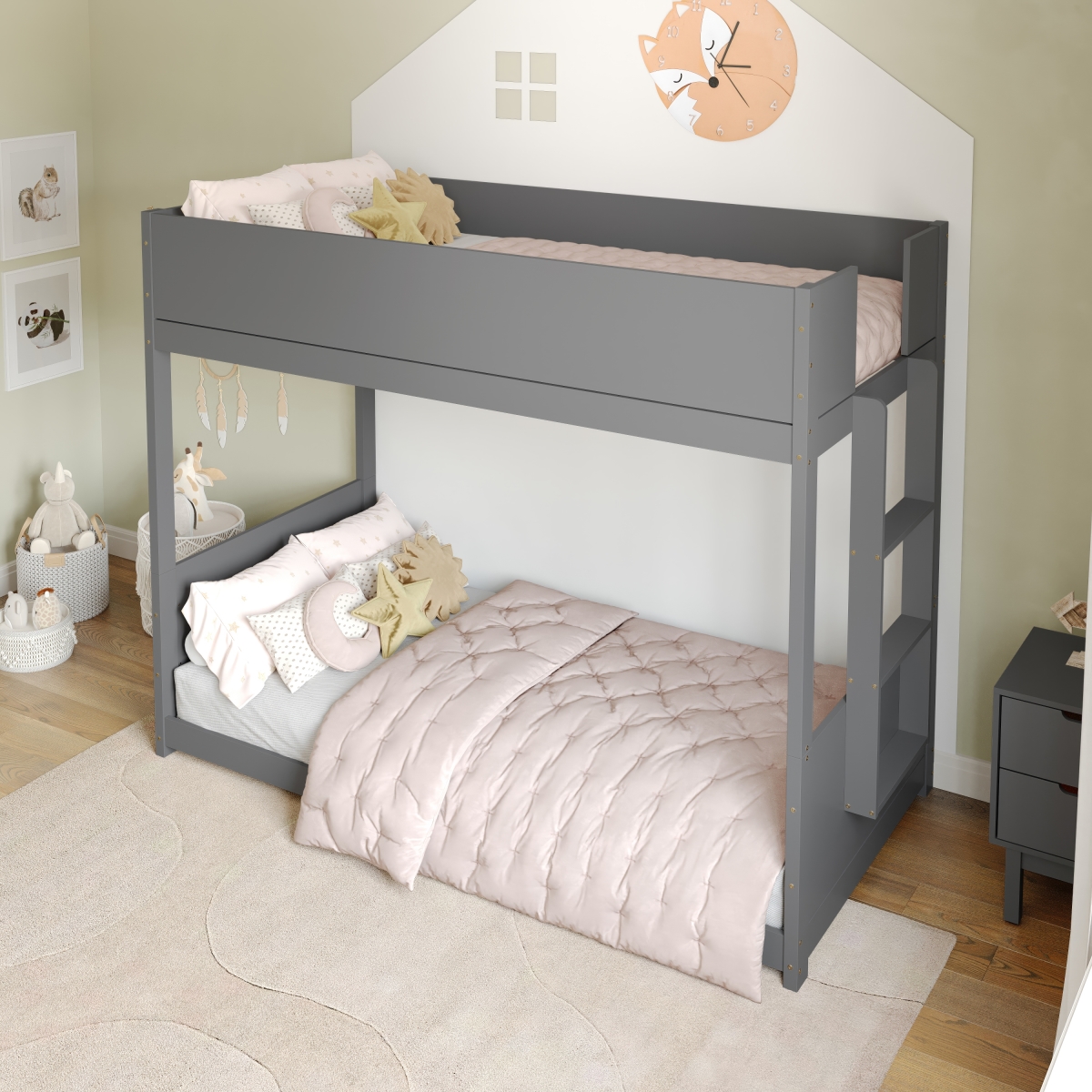 MG-0900-30-TTB-GY-GG Dallas Over Twin Size Convertible Solid Wood Bunk Bed Frame with Ladder for Kids, Gray