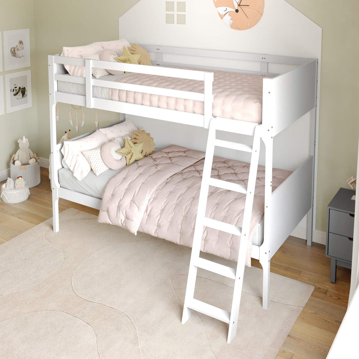 MG-0900-31-TTB-WH-GG Dallas Over Twin Size Convertible Slatted Solid Wood Bunk Bed Frame with Ladder for Kids, White