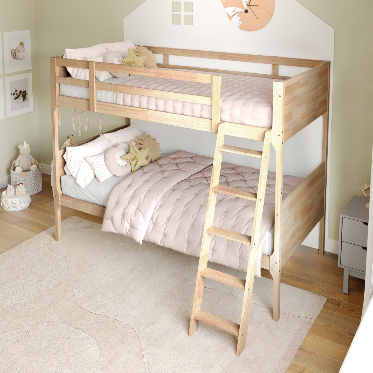 MG-0900-31-TTB-NAT-GG Dallas Over Twin Size Convertible Slatted Solid Wood Bunk Bed Frame with Ladder for Kids, Natural Brown