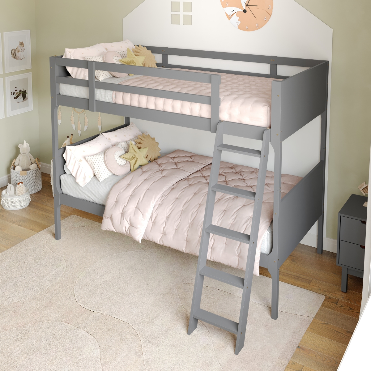 MG-0900-31-TTB-GY-GG Dallas Over Twin Size Convertible Slatted Solid Wood Bunk Bed Frame with Ladder for Kids, Gray