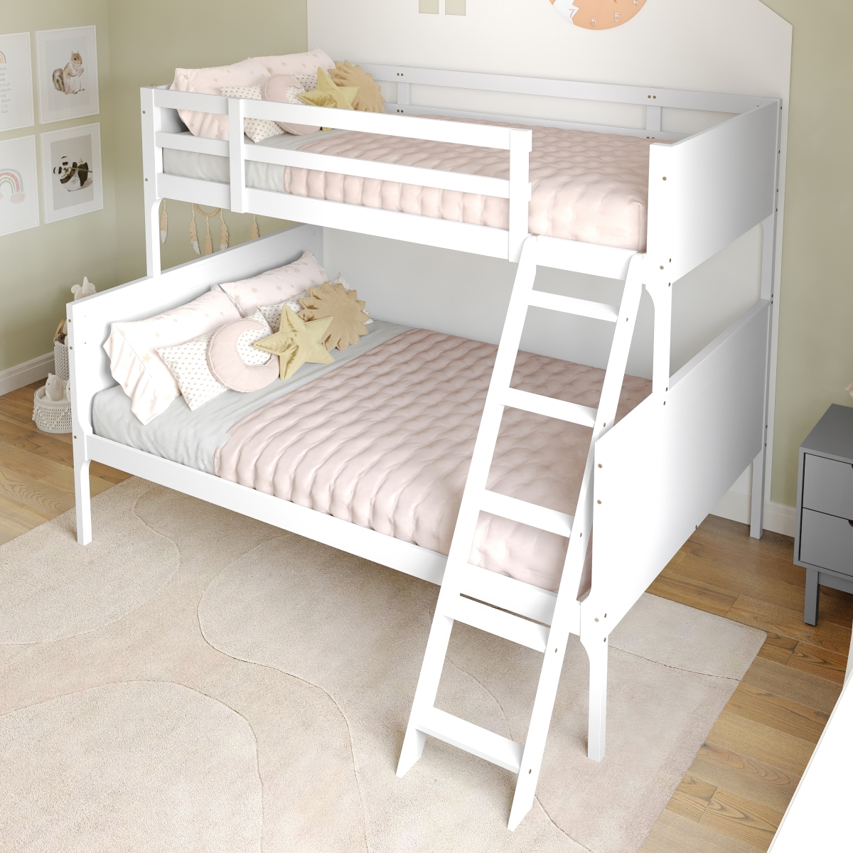MG-0900-31-TFB-WH-GG Dallas Over Full Size Convertible Slatted Solid Wood Bunk Bed Frame with Ladder for Kids, White