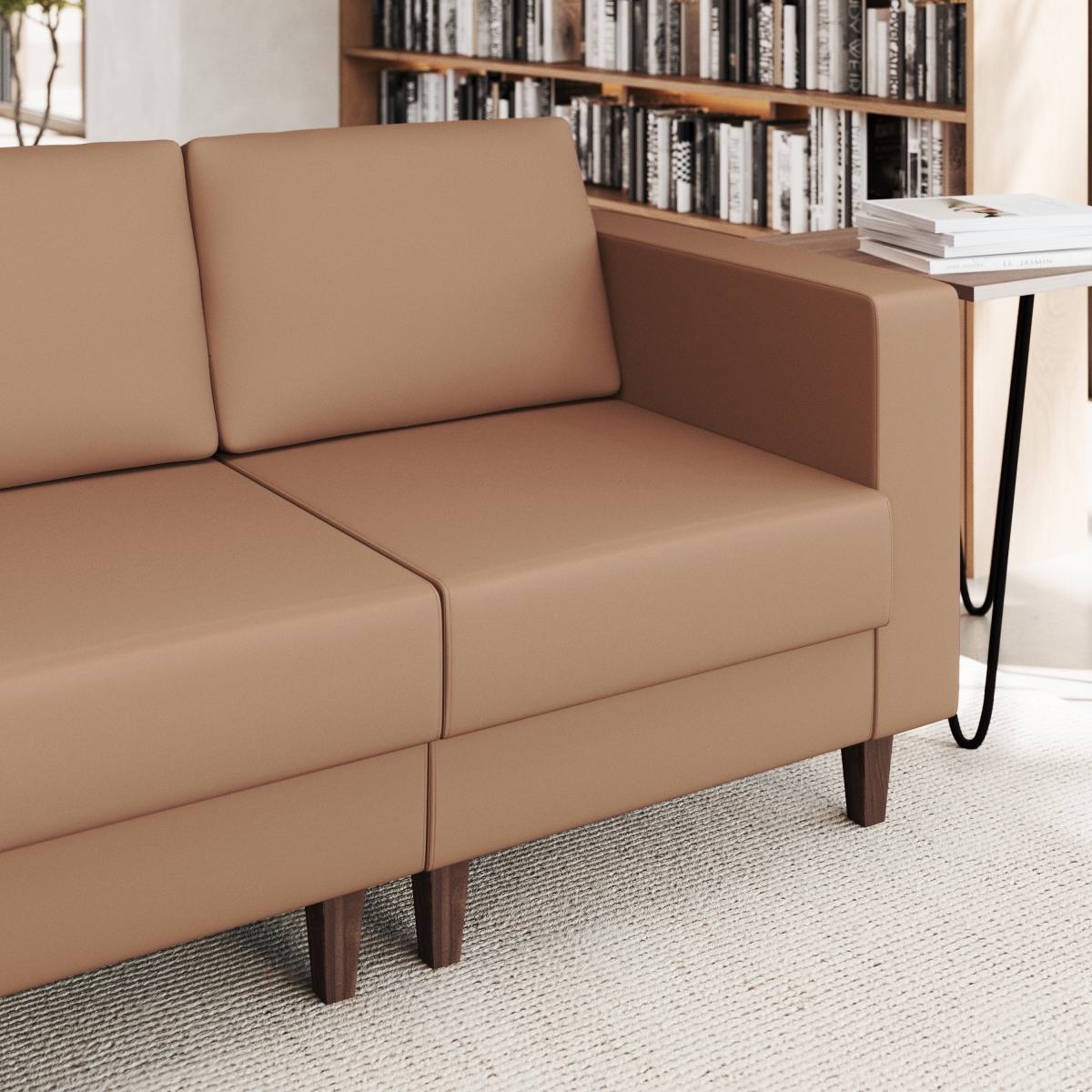 ZB-8921C-RA-COGNAC-GG Hercules Artemis Cognac Leather Soft Right Arm Reception Chair - 2 AC Outlets & 1 USB & 1 USB-C Ports & Wooden Walnut Legs