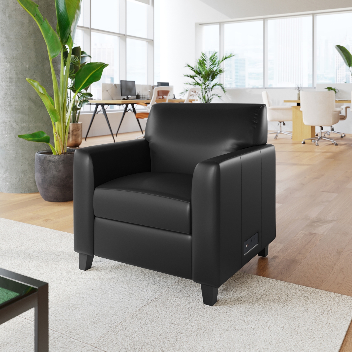 Black LeatherSoft Reception Chair w/Right Side Charging Bank, Includes 2 Outlets, 2USB, 1 USB-C