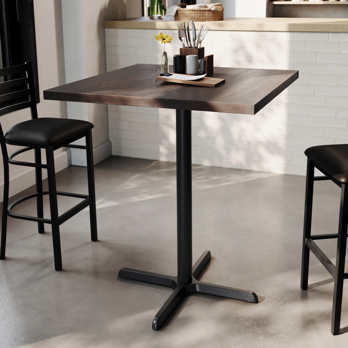 36 in. Bennett Square Solid Wood Commercial Indoor Tabletop with 30 x 30 in. Bar Height Rust-Resistant Black Cast Iron X-Base, Dark Brown
