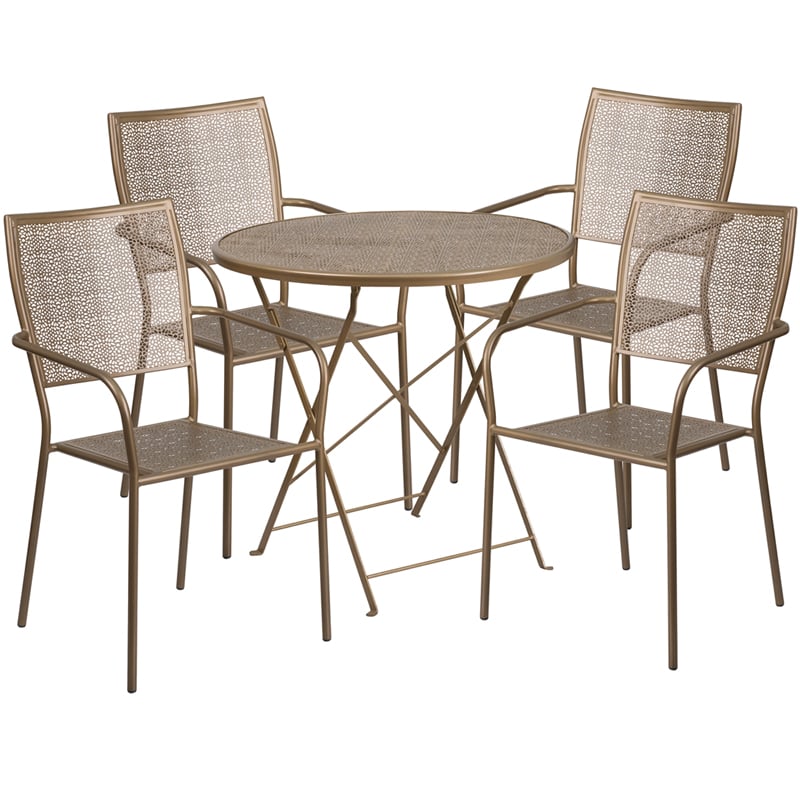 CO-30RDF-02CHR4-GD-GG 30 in. Round Gold Indoor-Outdoor Steel Folding Patio Table Set with 4 Square Back Chairs -  Flash Furniture