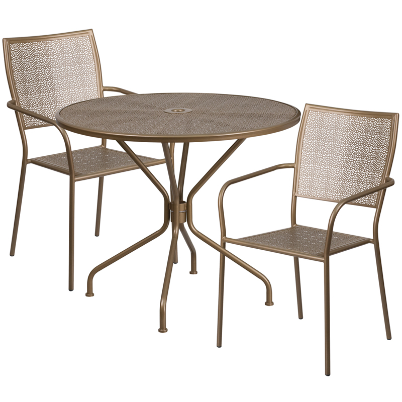 CO-35RD-02CHR2-GD-GG 35.25 in. Round Gold Indoor-Outdoor Steel Patio Table Set with 2 Square Back Chairs -  Flash Furniture