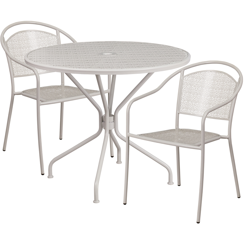 CO-35RD-03CHR2-SIL-GG 35.25 in. Round Light Gray Indoor-Outdoor Steel Patio Table Set with 2 Round Back Chairs -  Flash Furniture