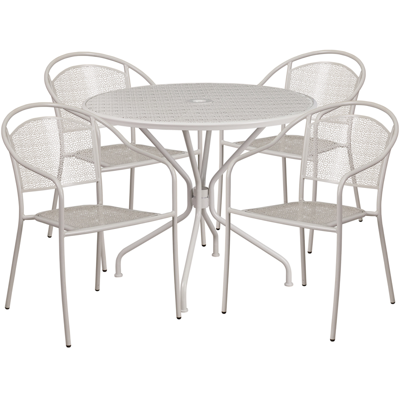 CO-35RD-03CHR4-SIL-GG 35.25 in. Round Light Gray Indoor-Outdoor Steel Patio Table Set with 4 Round Back Chairs -  Flash Furniture