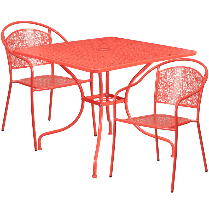 CO-35SQ-03CHR2-RED-GG 35.5 in. Square Coral Indoor-Outdoor Steel Patio Table Set with 2 Round Back Chairs -  Flash Furniture