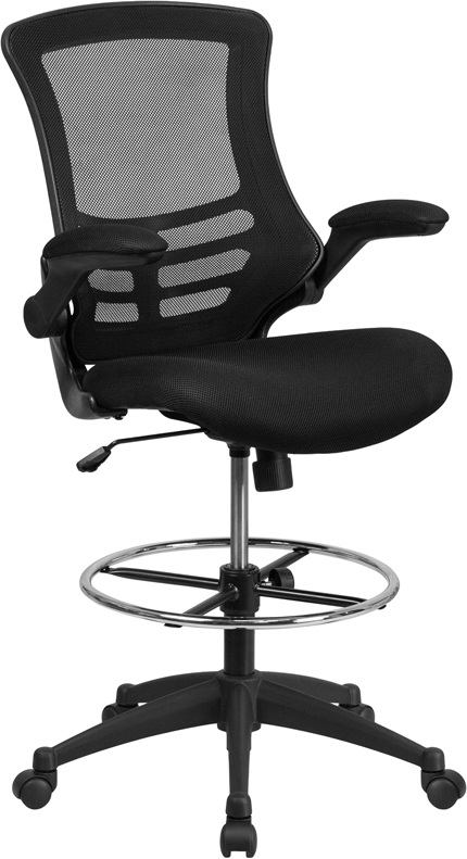Mid-Back Mesh Drafting Chair - Black - Adjustable Foot Ring & Arms