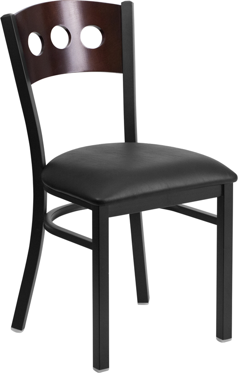 XU-DG-6Y2B-WAL-BLKV-GG Hercules Series Black 3 Circle Back Metal Restaurant Chair - Walnut Wood Back, Black Vinyl Seat -  Flash Furniture