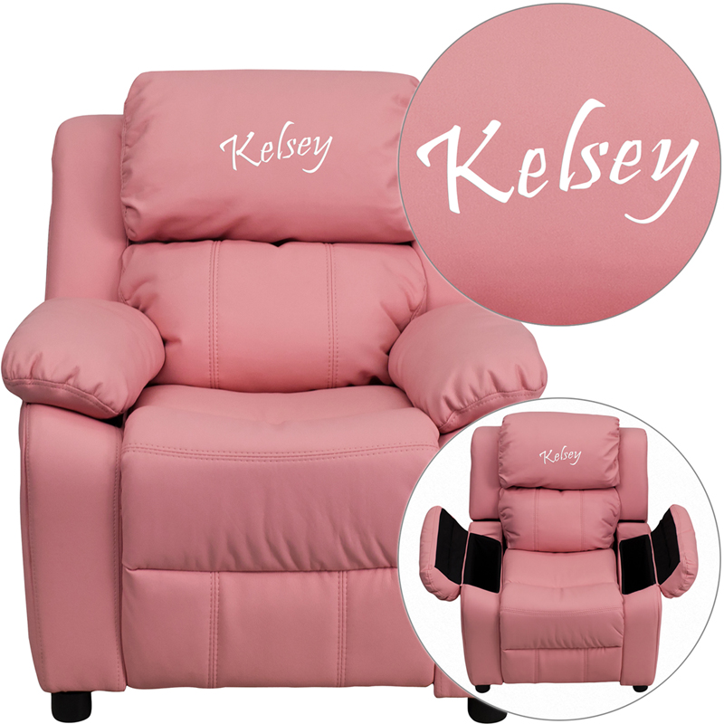 BT-7985-KID-PINK-TXTEMB-GG Personalized Deluxe Padded Pink Vinyl Kids Recliner with Storage Arms