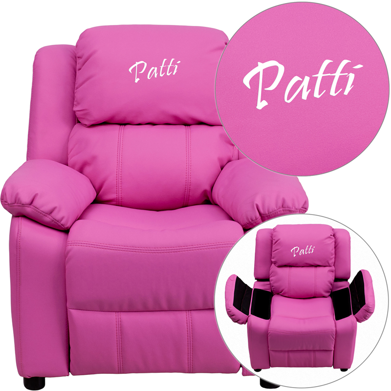 BT-7985-KID-HOT-PINK-TXTEMB-GG Personalized Deluxe Padded Hot Pink Vinyl Kids Recliner with Storage Arms