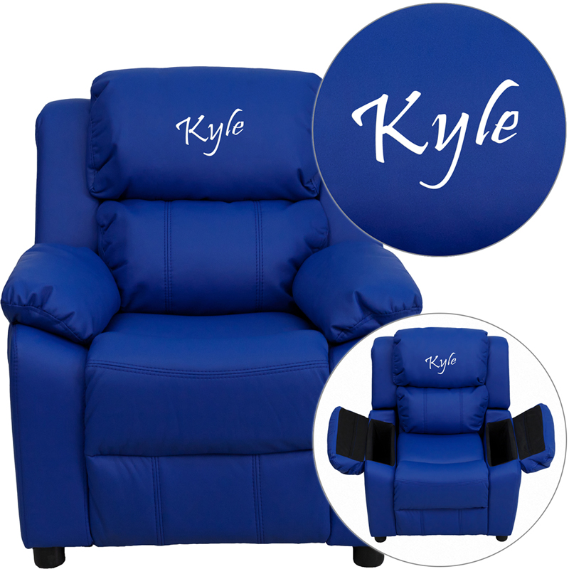 BT-7985-KID-BLUE-TXTEMB-GG Personalized Deluxe Padded Blue Vinyl Kids Recliner with Storage Arms