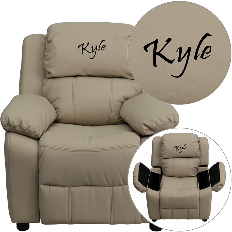 BT-7985-KID-BGE-TXTEMB-GG Personalized Deluxe Padded Beige Vinyl Kids Recliner with Storage Arms