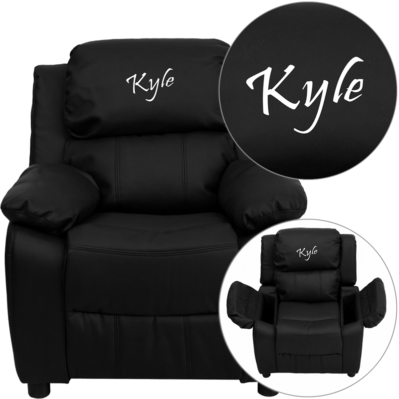 BT-7985-KID-BK-LEA-TXTEMB-GG Personalized Deluxe Padded Black Leather Kids Recliner with Storage Arms