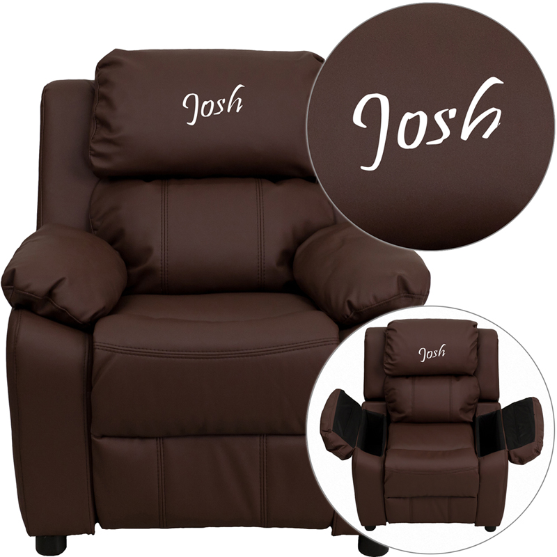 BT-7985-KID-BRN-LEA-TXTEMB-GG Personalized Deluxe Padded Brown Leather Kids Recliner with Storage Arms