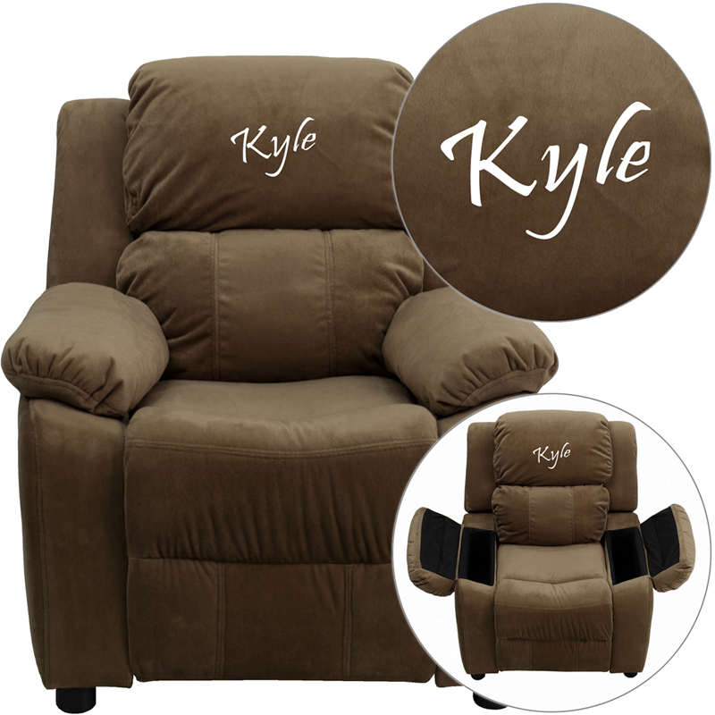 BT-7985-KID-MIC-BRN-TXTEMB-GG Personalized Deluxe Padded Brown Microfiber Kids Recliner with Storage Arms