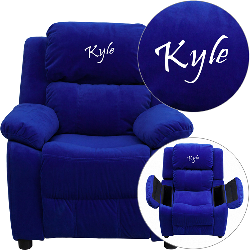 BT-7985-KID-MIC-BLUE-TXTEMB-GG Personalized Deluxe Padded Blue Microfiber Kids Recliner with Storage Arms