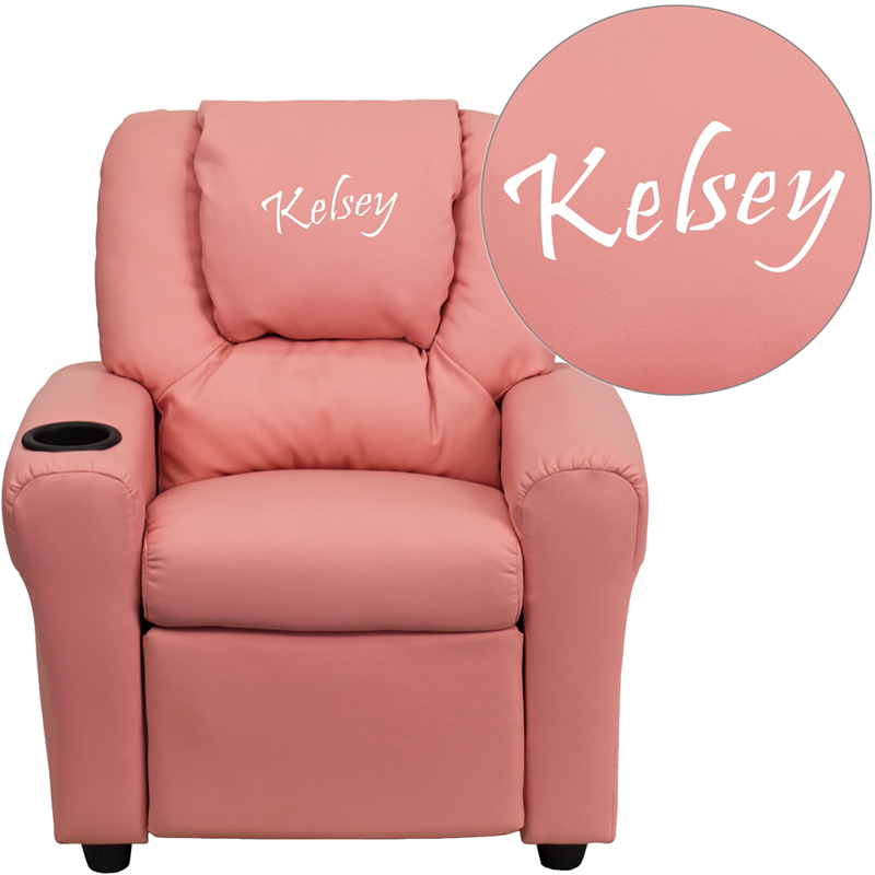 DG-ULT-KID-PINK-TXTEMB-GG Personalized Pink Vinyl Kids Recliner with Cup Holder & Headrest