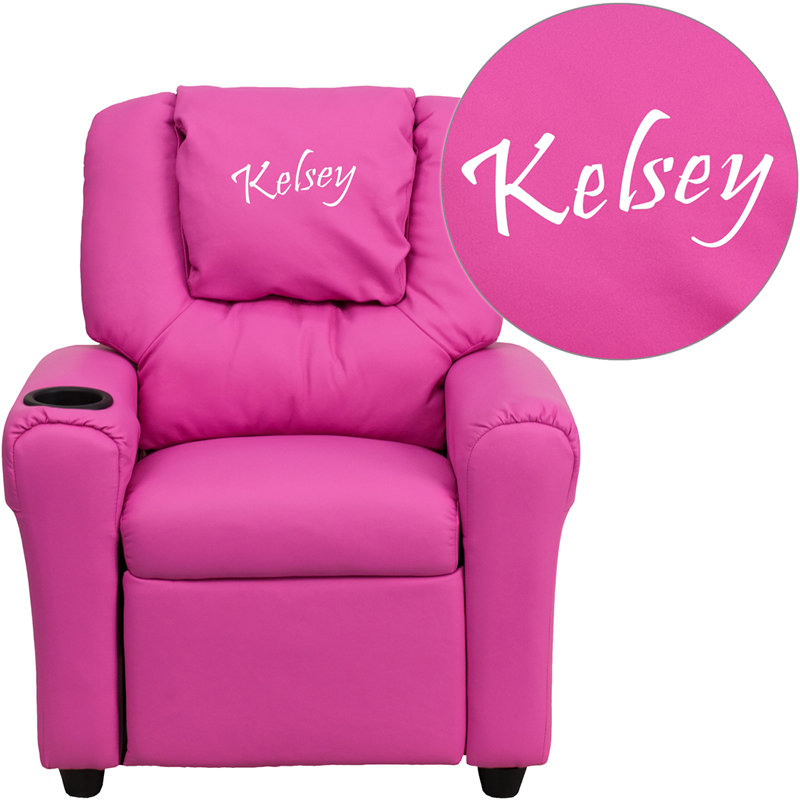 DG-ULT-KID-HOT-PINK-TXTEMB-GG Personalized Hot Pink Vinyl Kids Recliner with Cup Holder & Headrest