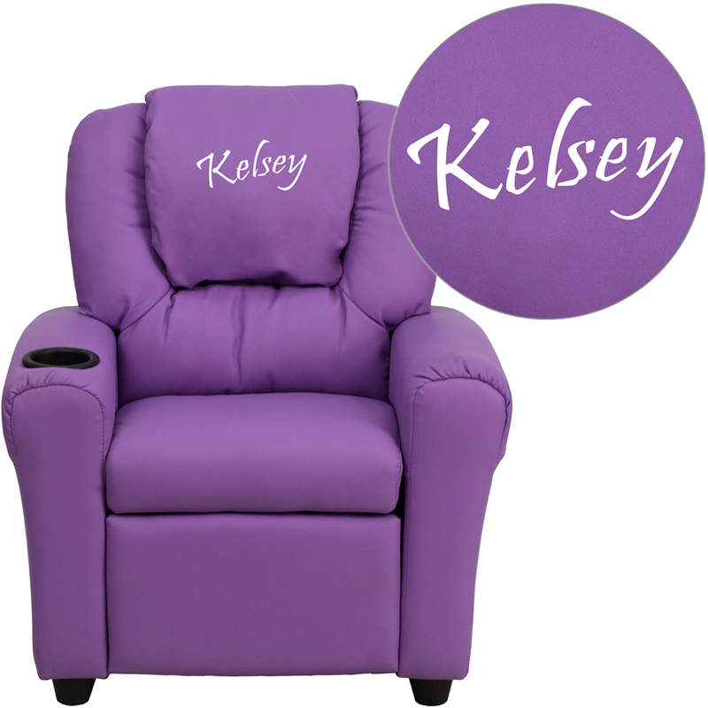DG-ULT-KID-LAV-TXTEMB-GG Personalized Lavender Vinyl Kids Recliner with Cup Holder & Headrest