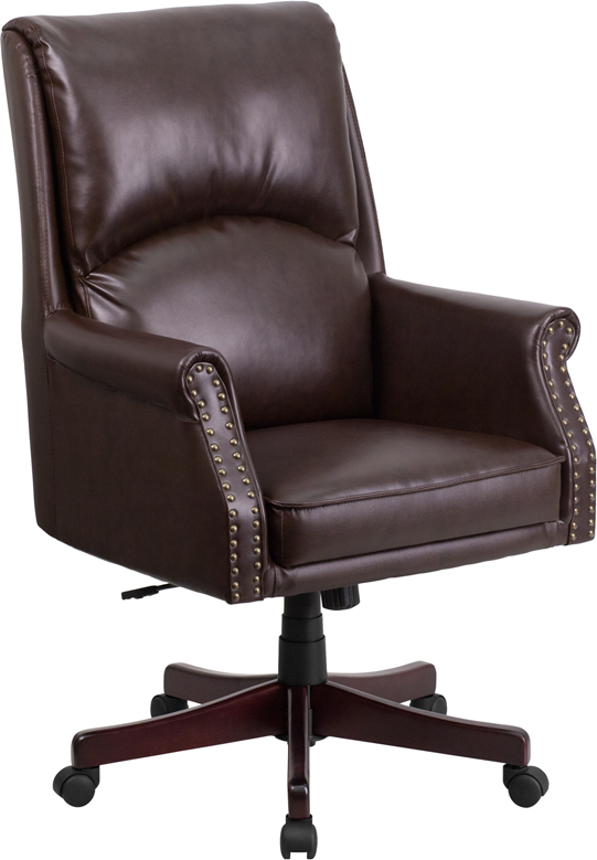 Picture of Flash Furniture BT-9025H-2-BN-GG High Back Pillow Back Brown Leather Executive Swivel Chair with Arms