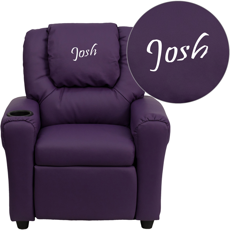 DG-ULT-KID-PUR-TXTEMB-GG Personalized Purple Vinyl Kids Recliner with Cup Holder & Headrest