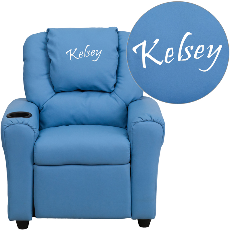 DG-ULT-KID-LTBLUE-TXTEMB-GG Personalized Light Blue Vinyl Kids Recliner with Cup Holder & Headrest
