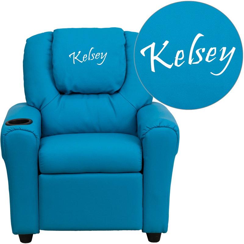 DG-ULT-KID-TURQ-TXTEMB-GG Personalized Turquoise Vinyl Kids Recliner with Cup Holder & Headrest