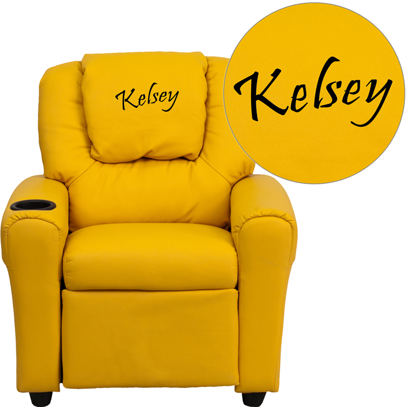DG-ULT-KID-YEL-TXTEMB-GG Personalized Yellow Vinyl Kids Recliner with Cup Holder & Headrest