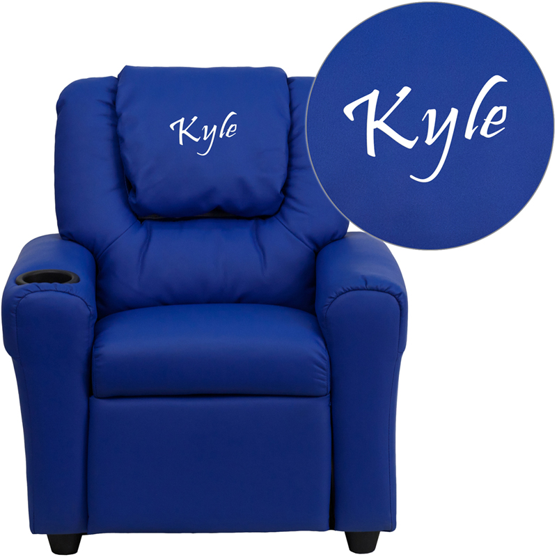 DG-ULT-KID-BLUE-TXTEMB-GG Personalized Blue Vinyl Kids Recliner with Cup Holder & Headrest