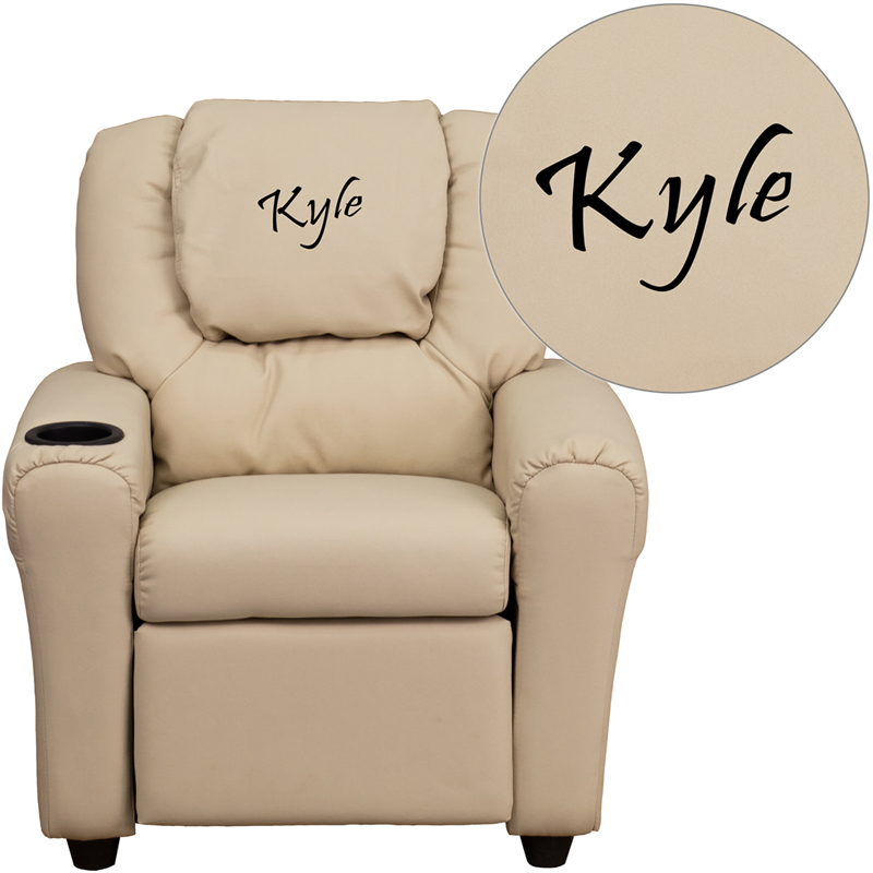 DG-ULT-KID-BGE-TXTEMB-GG Personalized Beige Vinyl Kids Recliner with Cup Holder & Headrest