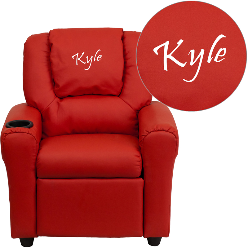 DG-ULT-KID-RED-TXTEMB-GG Personalized Red Vinyl Kids Recliner with Cup Holder & Headrest