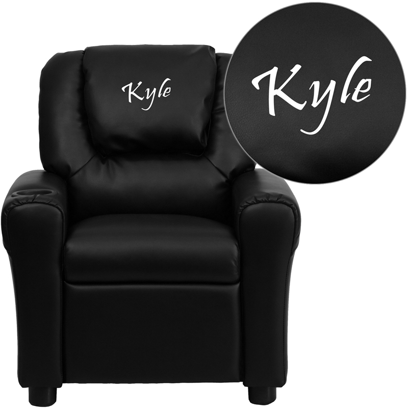 DG-ULT-KID-BK-TXTEMB-GG Personalized Black Leather Kids Recliner with Cup Holder & Headrest