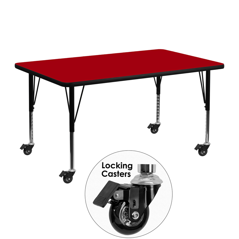 Picture of Flash Furniture XU-A2448-REC-RED-T-P-CAS-GG Mobile 24 x 48 in. Rectangular Red Thermal Laminate Activity Table - Height Adjustable Short Legs