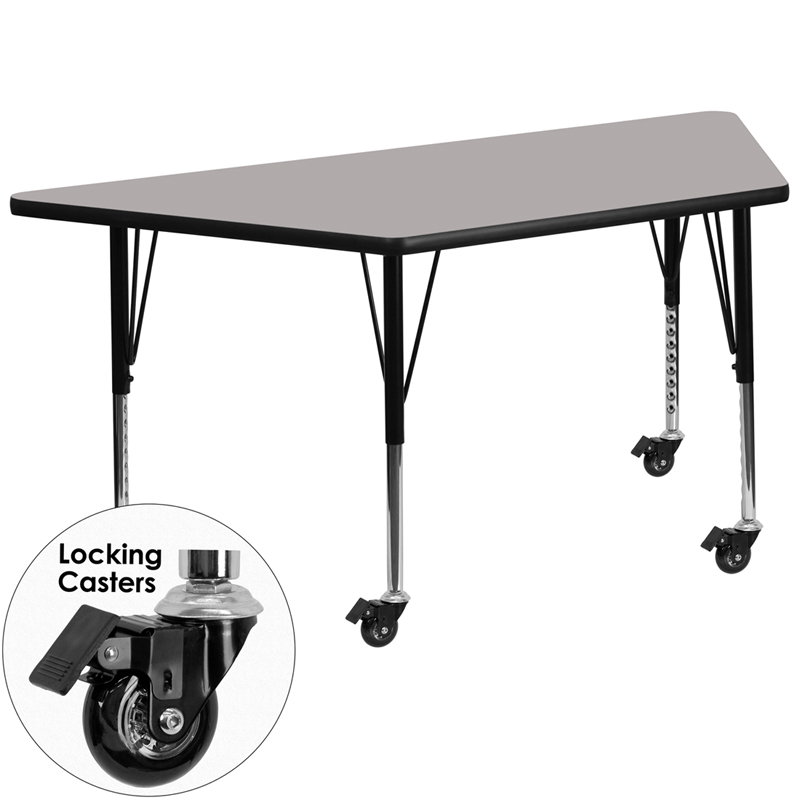 Picture of Flash Furniture XU-A2448-TRAP-GY-H-P-CAS-GG Mobile 25.5 x 46.25 in. Trapezoid Grey High Pressure Laminate Activity Table - Height Adjustable Short Legs