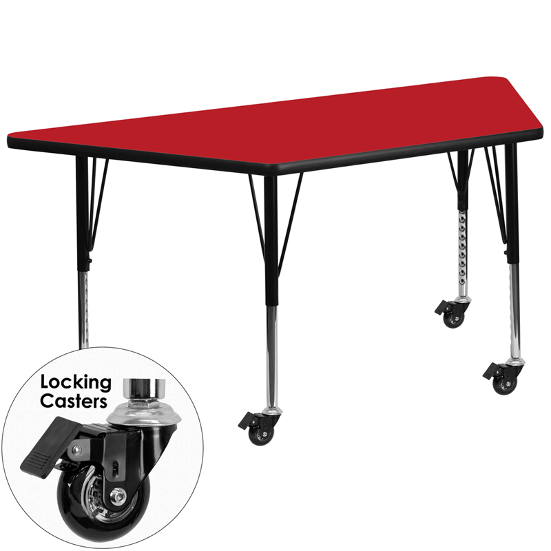 Picture of Flash Furniture XU-A2448-TRAP-RED-H-P-CAS-GG Mobile 25.5 x 46.25 in. Trapezoid Red High Pressure Laminate Activity Table - Height Adjustable Short Legs
