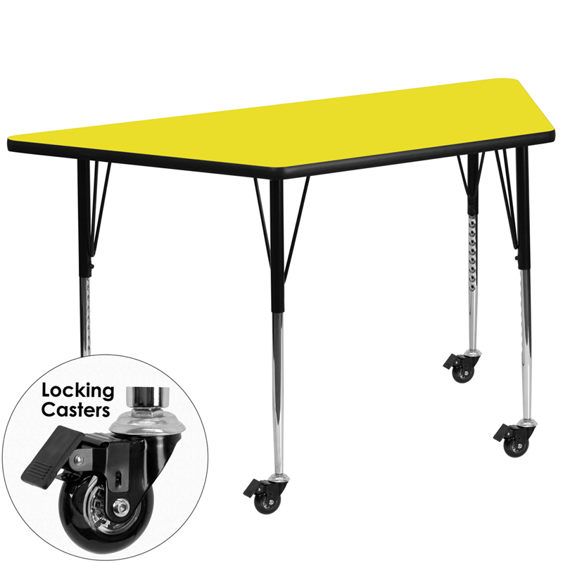 Picture of Flash Furniture XU-A2448-TRAP-YEL-H-A-CAS-GG Mobile 25.5 x 46.25 in. Trapezoid Yellow High Pressure Laminate Activity Table - Standard Height Adjustable Legs