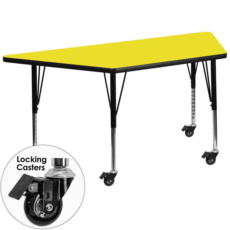 Picture of Flash Furniture XU-A2448-TRAP-YEL-H-P-CAS-GG Mobile 25.5 x 46.25 in. Trapezoid Yellow High Pressure Laminate Activity Table - Height Adjustable Short Legs