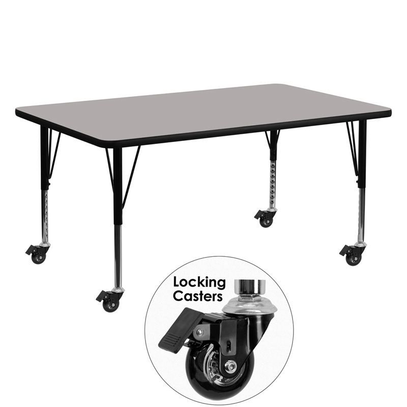 XU-A2460-REC-GY-H-P-CAS-GG Mobile 24 x 60 in. Rectangular Grey High Pressure Laminate Activity Table - Height Adjustable Short Legs
