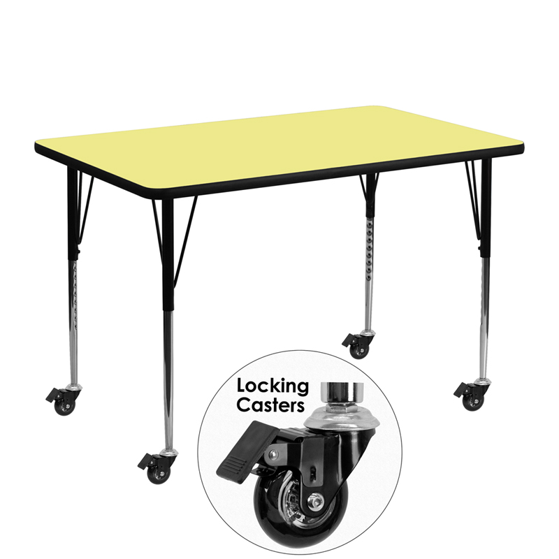 XU-A3048-REC-YEL-T-A-CAS-GG Mobile 30 x 48 in. Rectangular Yellow Thermal Laminate Activity Table - Standard Height Adjustable Legs -  Flash Furniture