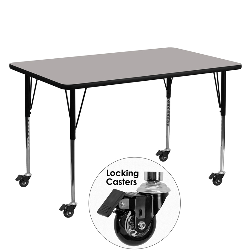 XU-A3060-REC-GY-H-A-CAS-GG Mobile 30 x 60 in. Rectangular Grey High Pressure Laminate Activity Table - Standard Height Adjustable Legs